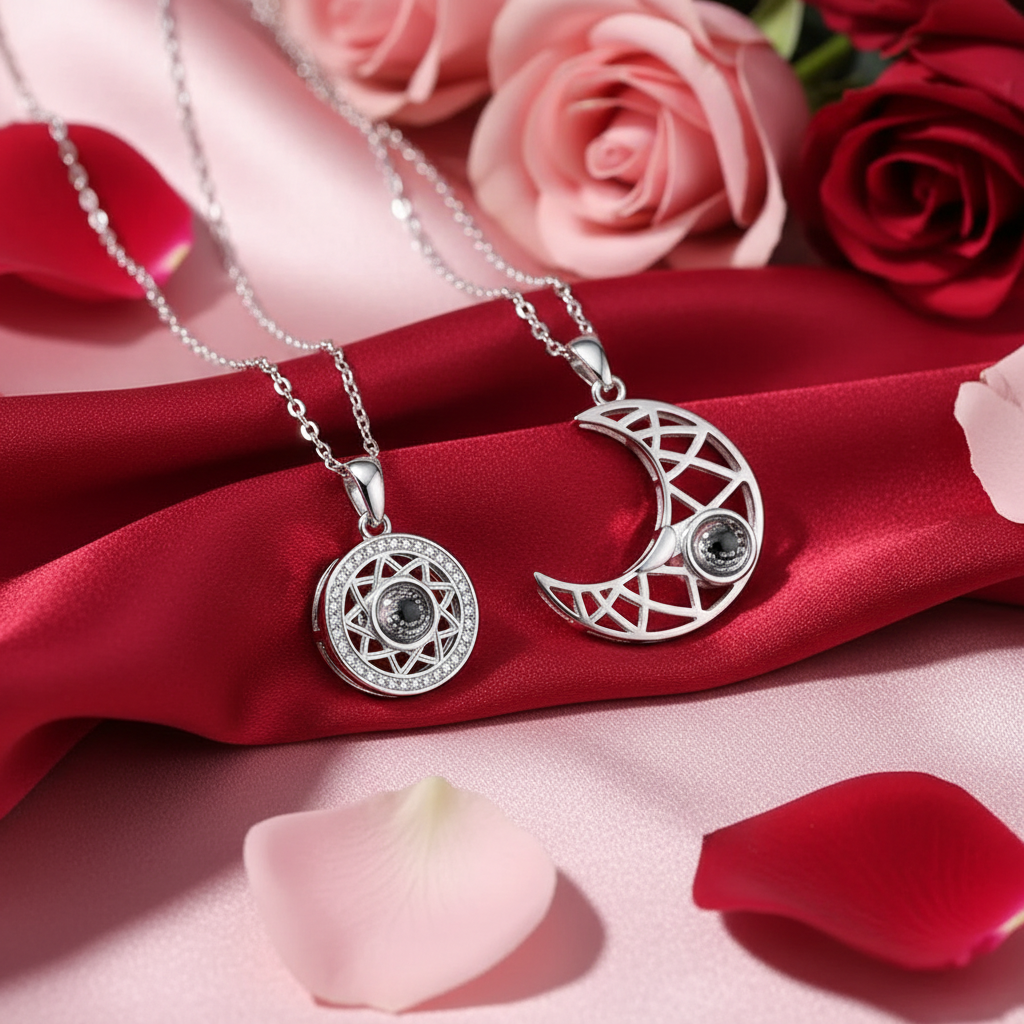 Moon and galaxy matching couple necklaces silver pendant set