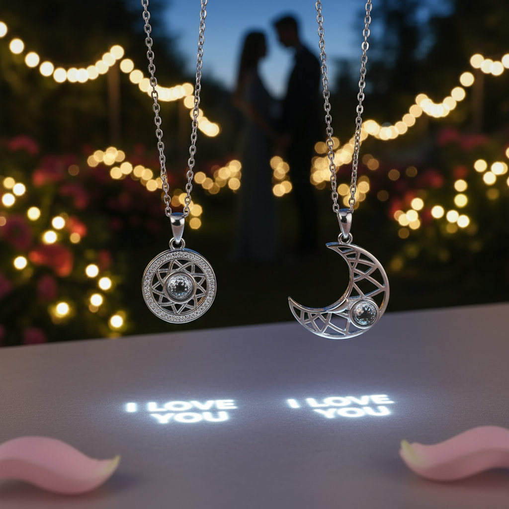 Two silver necklaces with pendants on a reflective surface with 'I LOVE YOU' projection, blurred lights and people in the background.