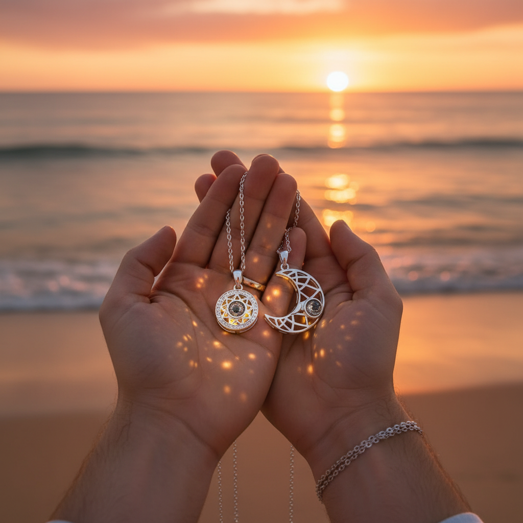 Two silver necklaces held in hands against a sunset beach backdrop